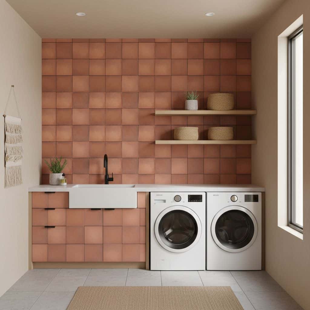Terracotta-colored textured tiles in laundry room with white appliances and wooden shelves.