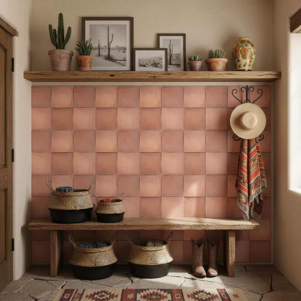 Warm terracotta-colored ceramic tiles with matte finish, complemented by wooden shelves and woven baskets.