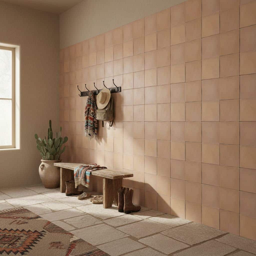 Pink clay tiles with matte finish, textured surface, arranged in a grid pattern.