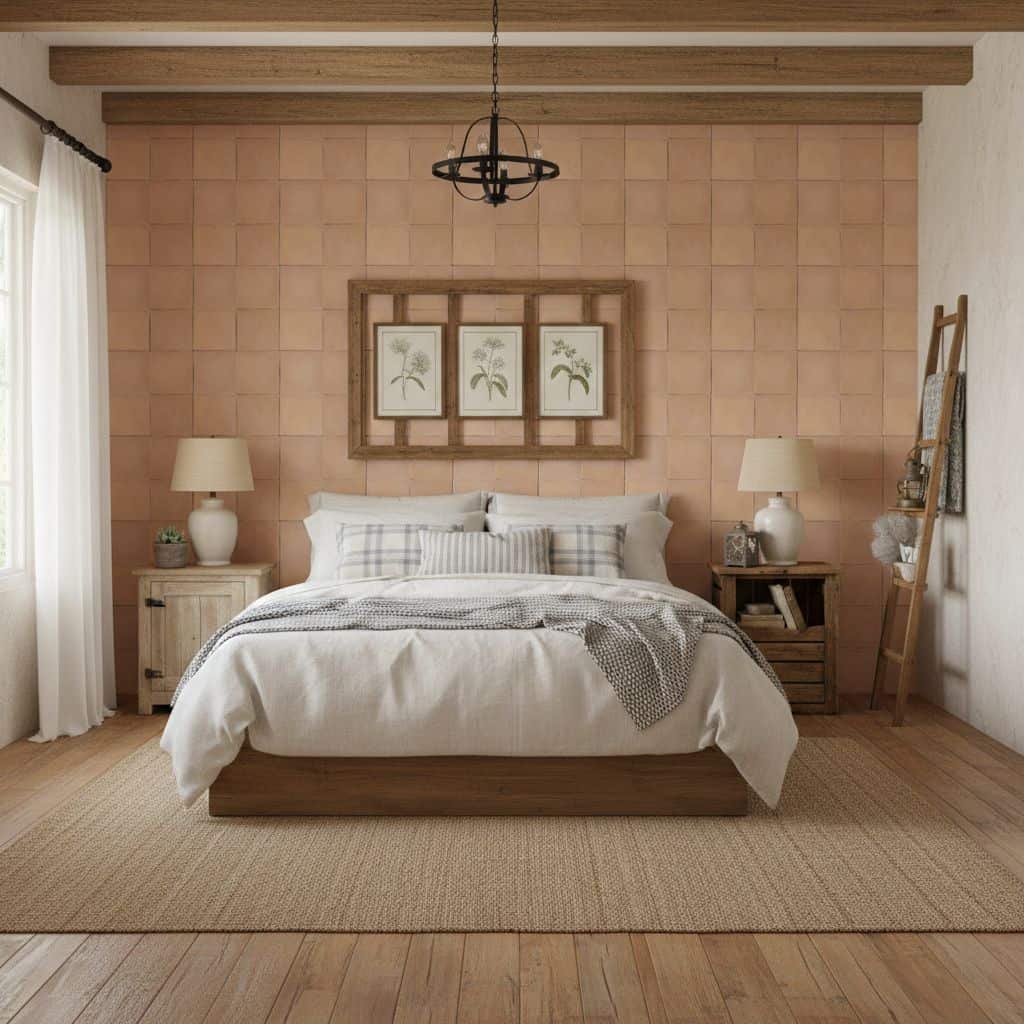 Warm peach-colored textured tile wall behind bed with wooden accents.