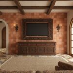 Bright terracotta-colored ceramic tiles with a matte finish, arranged in a grid pattern, creating a warm and rustic ambiance.
