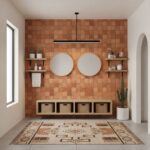 Decorative terracotta tile wall with two round mirrors, wooden shelves, and potted plants in a modern interior setting.