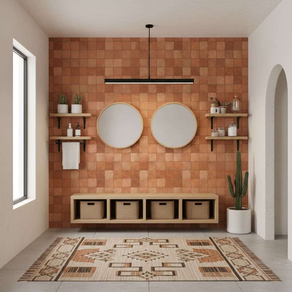 Decorative terracotta tile wall with two round mirrors, wooden shelves, and potted plants in a modern interior setting.