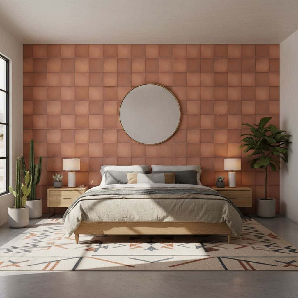 Bright terracotta-colored textured tile wall with a round mirror above the bed.