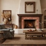 Warm terracotta tile fireplace with dark wood mantel and vintage mirror.