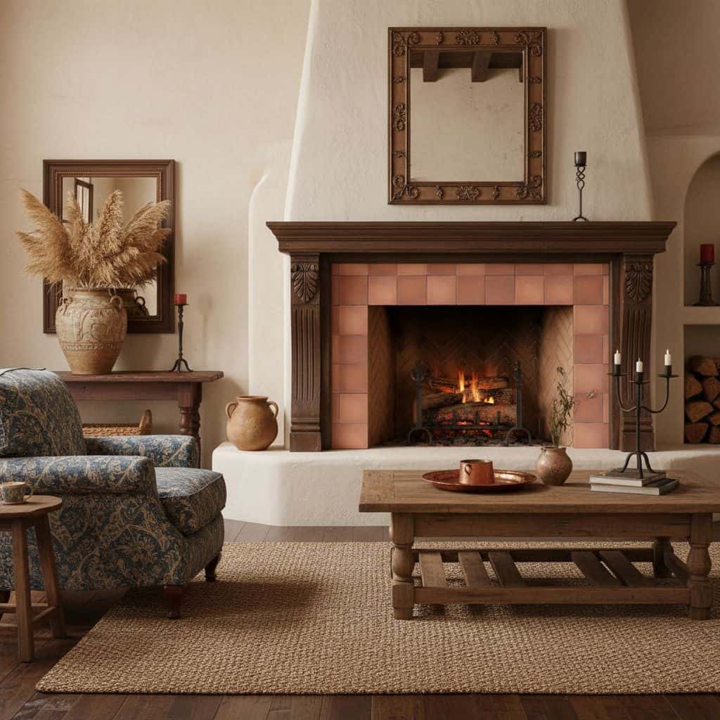 Warm terracotta tile fireplace with dark wood mantel and vintage mirror.