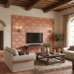 Terracotta-colored textured tile wall with wrought iron sconces in a cozy living room.