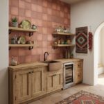 Warm terracotta-colored textured tiles in a kitchen setting.