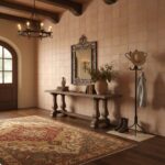 Warm terracotta-colored textured tiles with a matte finish, complemented by vintage-style decor and a cozy, inviting atmosphe.