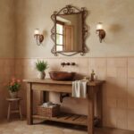 Ceramic tiles in soft beige with a textured surface, complemented by a rustic wooden vanity and a copper sink.