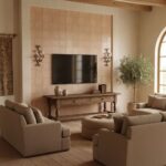 Bright beige tile wall with textured surface behind TV.