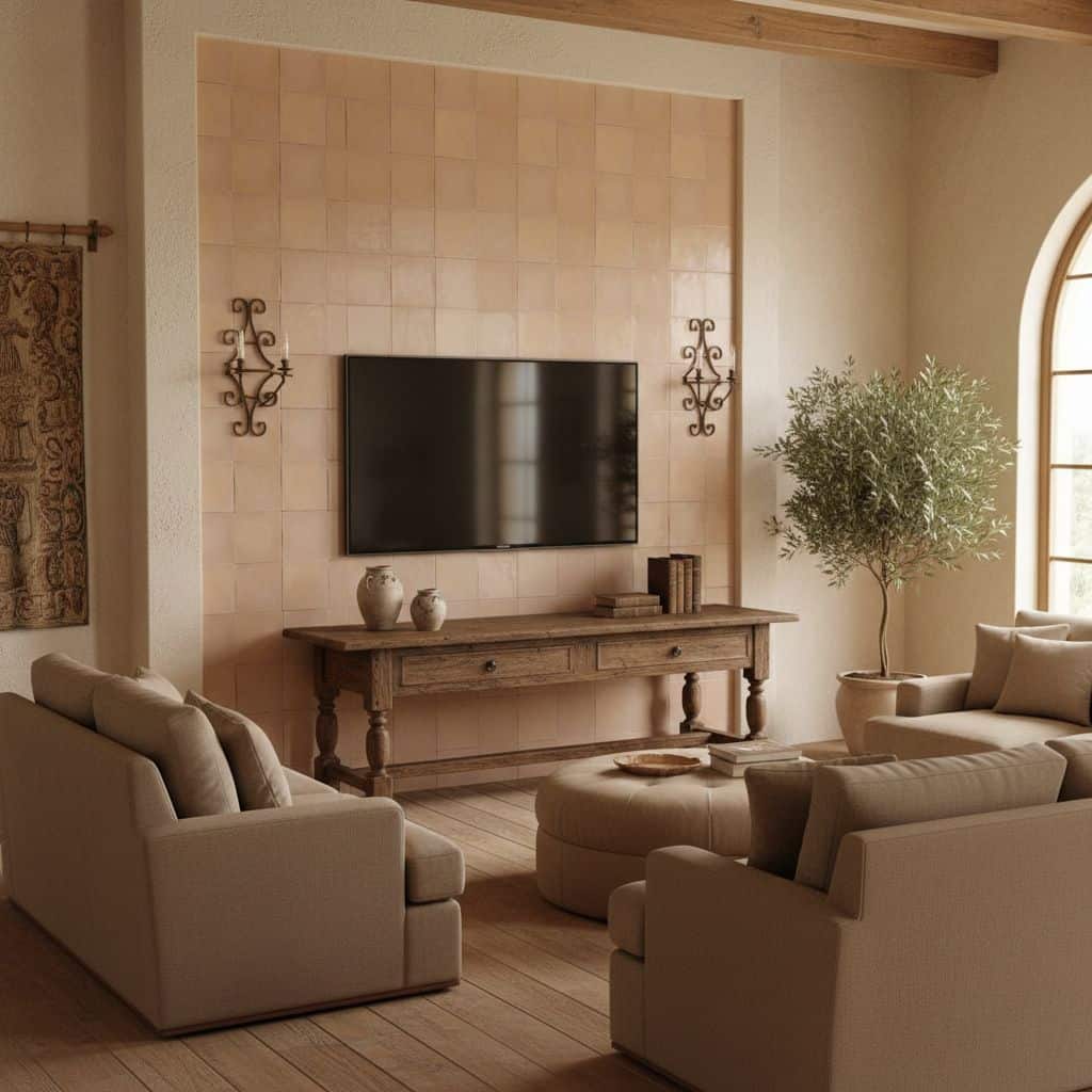 Bright beige tile wall with textured surface behind TV.