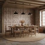 Stone tile wall with textured, neutral-colored tiles behind a wooden dining table and chairs, illuminated by hanging pendant.