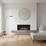 White hexagon tile wall with subtle texture surrounding a sleek fireplace.