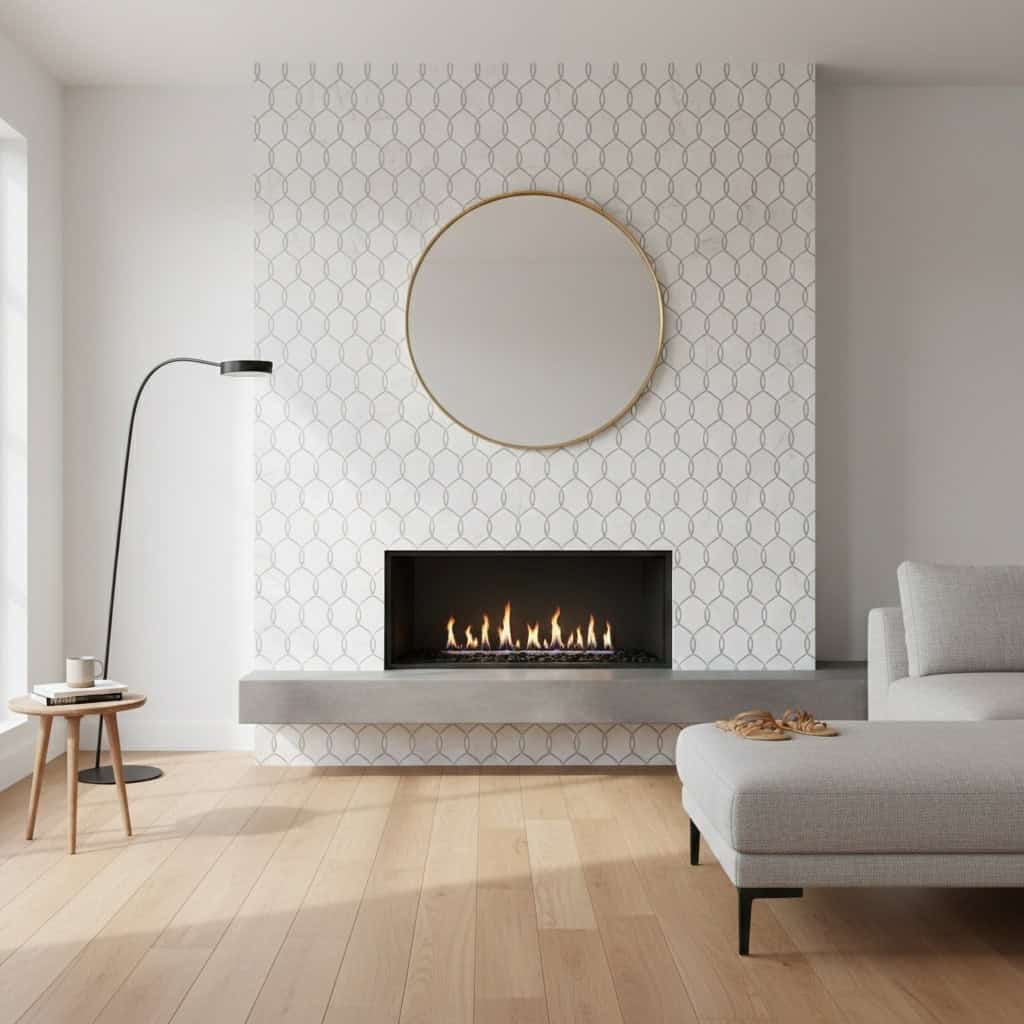 White hexagon tile wall with subtle texture surrounding a sleek fireplace.