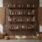 Decorative brick wall with dark brown tones, wooden shelves, and eclectic accessories for a cozy, rustic interior look.