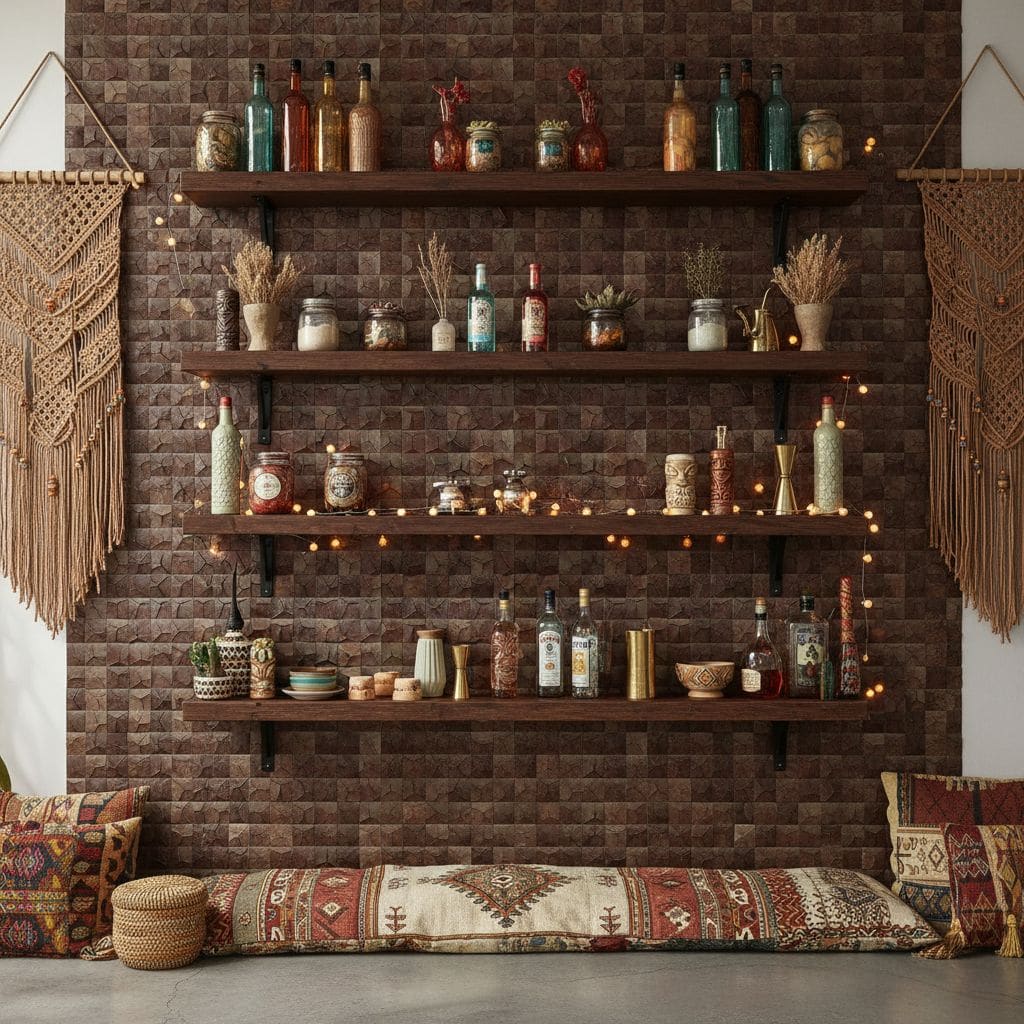 Decorative brick wall with dark brown tones, wooden shelves, and eclectic accessories for a cozy, rustic interior look.