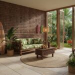 Brown textured wall and light-colored floor tiles with a natural, rustic look.