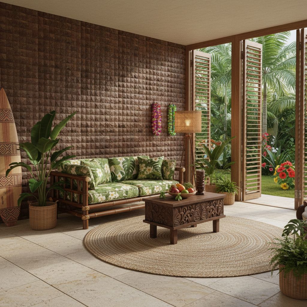 Brown textured wall and light-colored floor tiles with a natural, rustic look.