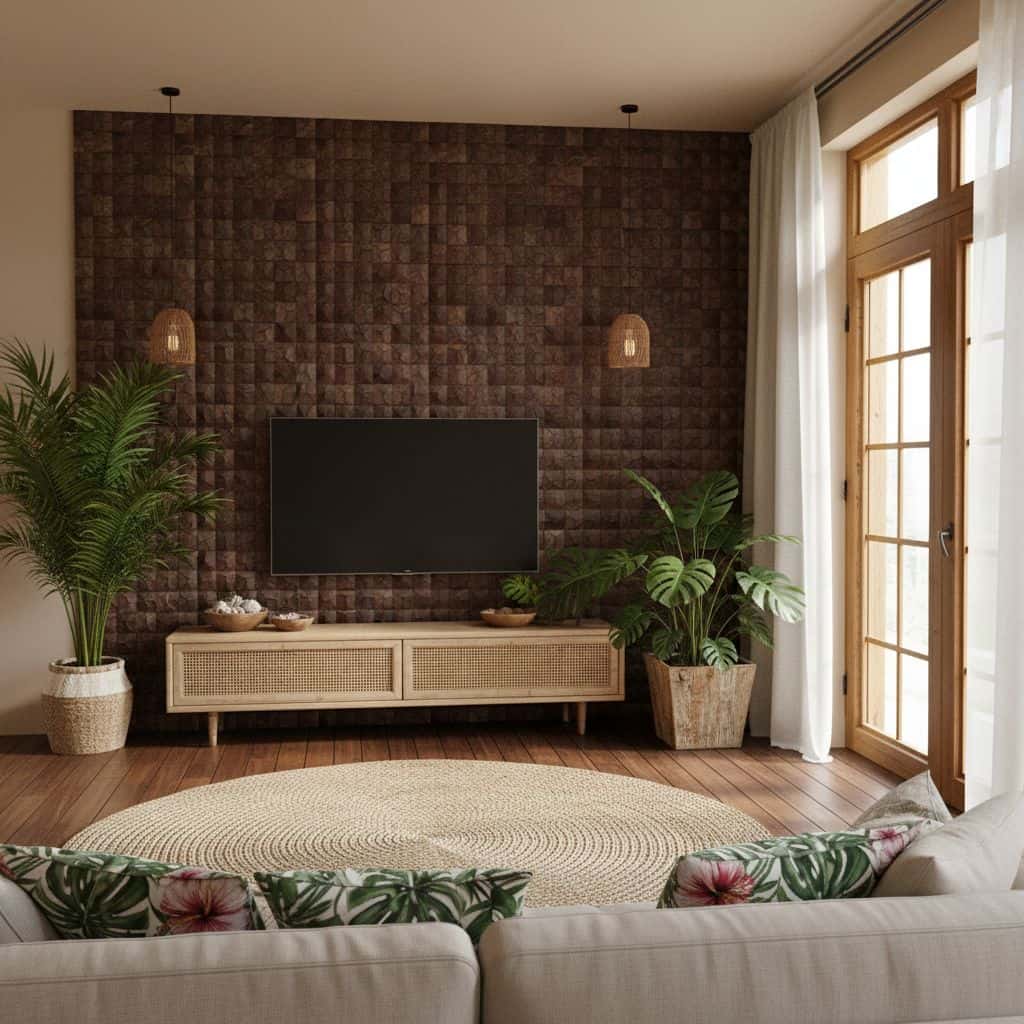 Warm brown textured tile wall with a flat-screen TV and natural decor accents.