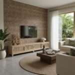 Brown mosaic wall tile with textured surface, used as an accent wall in a modern living room.