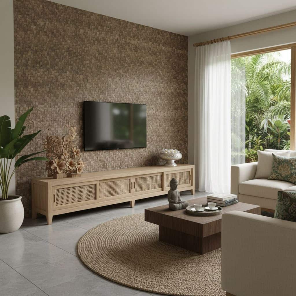 Brown mosaic wall tile with textured surface, used as an accent wall in a modern living room.