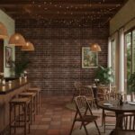 Warm brown brick wall tile with textured surface, creating a rustic and inviting atmosphere. Perfect for enhancing cozy, styl.