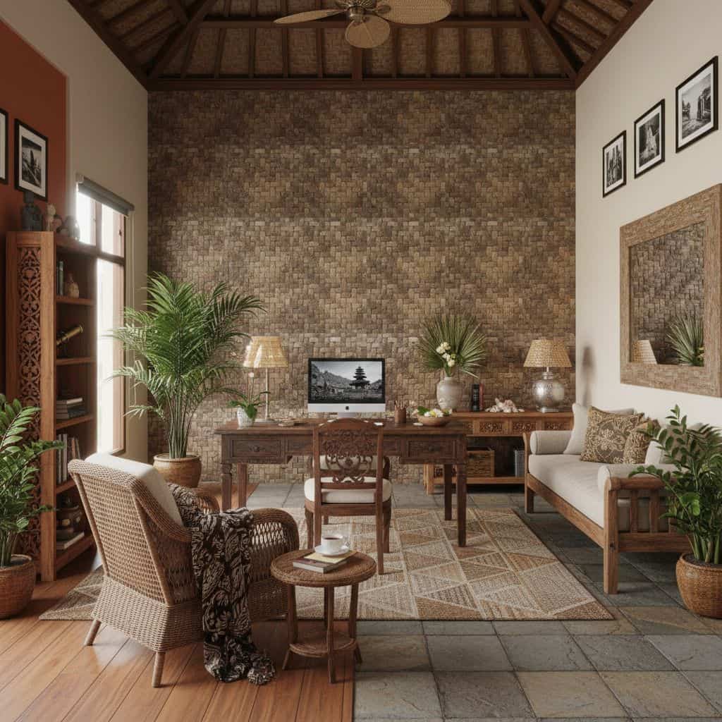 Cozy living room featuring a brick wall, wooden furniture, and lush green plants, creating a warm and inviting atmosphere.