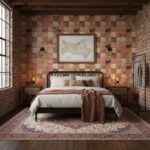 Stone tile wall with warm earthy tones and textured surface behind the bed.