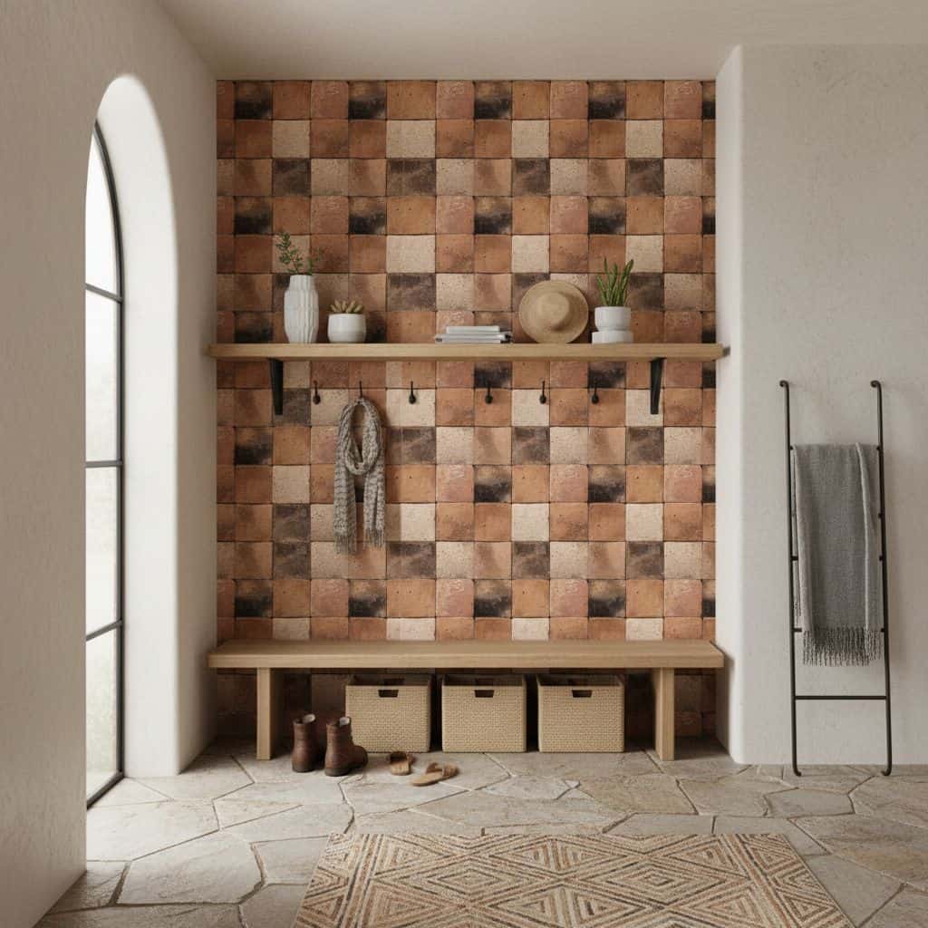 Rust-colored textured ceramic tiles with a matte finish.