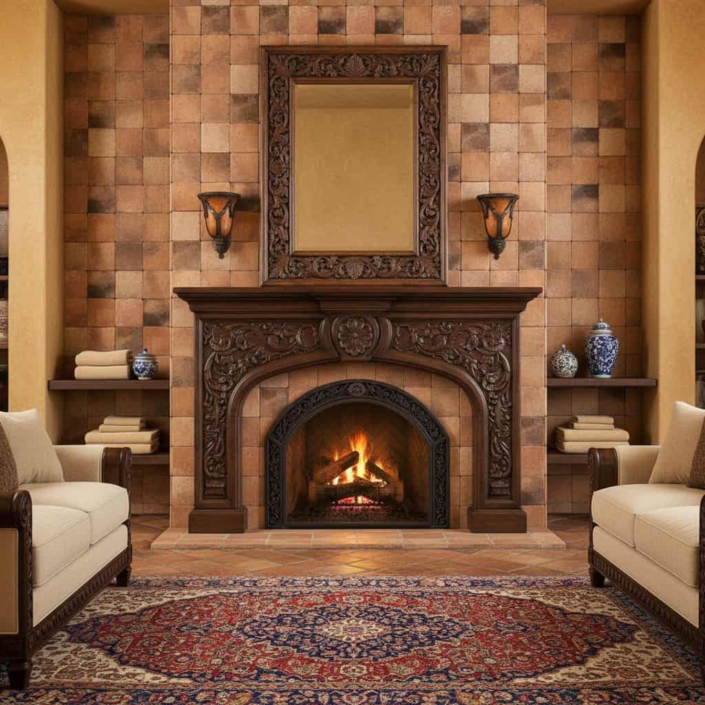 Fireplace with intricately carved wooden mantel and beige stone tiles.