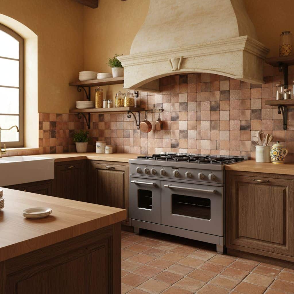 A warm-toned, textured ceramic tile backsplash with a matte finish, complementing the wooden kitchen cabinets.