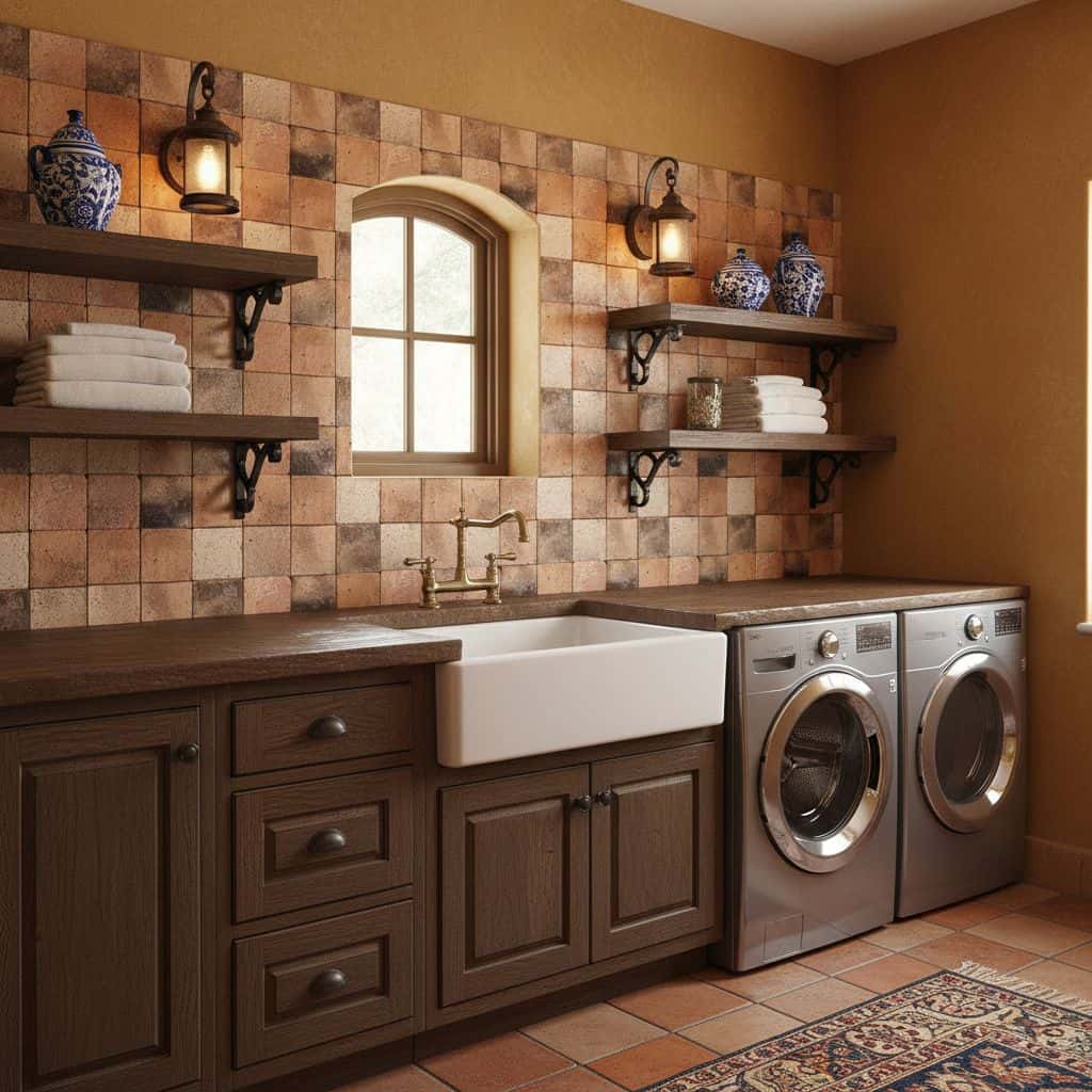 Bright, textured ceramic tiles in warm earth tones with a matte finish, complementing the wooden cabinetry and vintage decor.