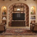 Earth-tone ceramic tile wall behind TV with textured finish.