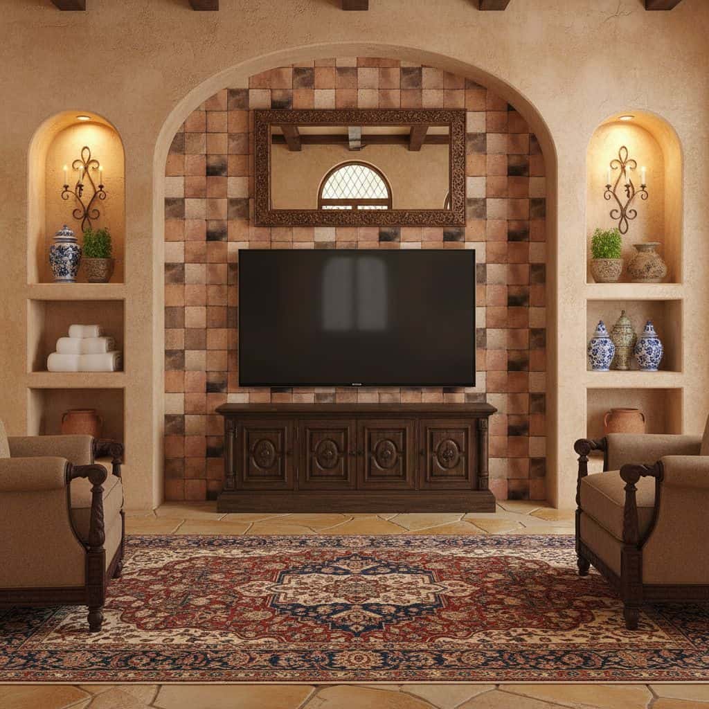 Earth-tone ceramic tile wall behind TV with textured finish.