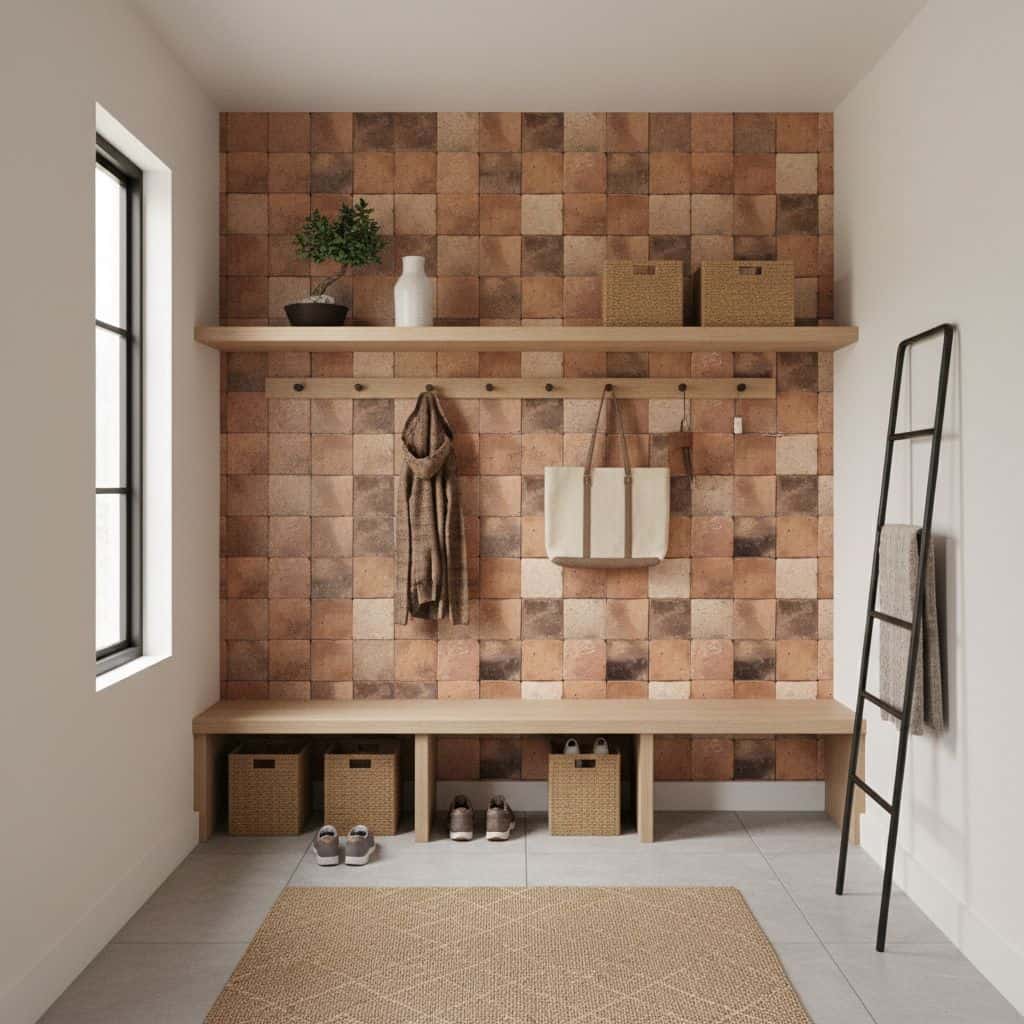 A textured wall with earthy, terracotta-colored tiles creating a warm, rustic look. Features shelves with decorative items, h.