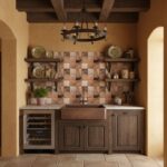 Rustic ceramic tiles in warm earth tones with textured surface, used as a kitchen backsplash behind the sink and shelves.