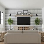 Gray ceramic tile wall with a textured finish, complemented by black wall-mounted lamps and wooden shelves.
