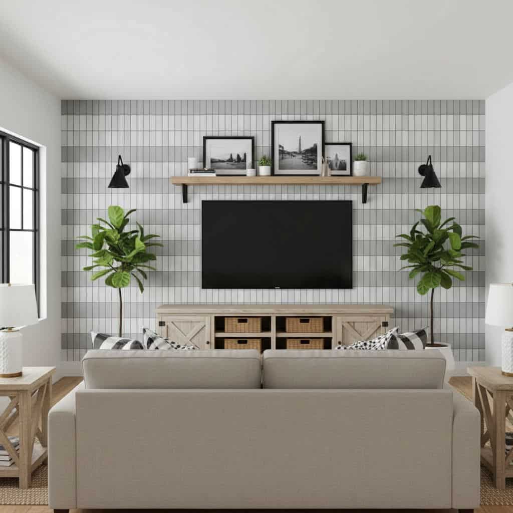 Gray ceramic tile wall with a textured finish, complemented by black wall-mounted lamps and wooden shelves.
