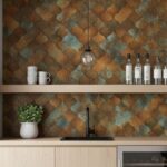 Copper-toned textured tile wall with a wooden shelf holding white decor items and bottles, featuring a black faucet and a sma.
