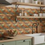 Colorful brick-textured tile with warm earthy tones for kitchen decor.