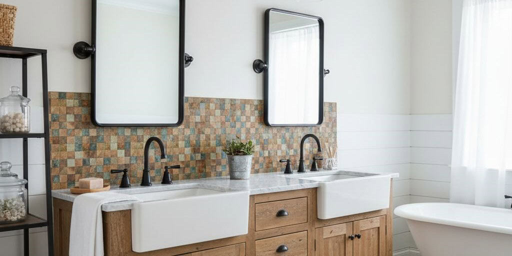 Double sink vanity with mosaic tile backsplash in neutral tones, featuring black faucets and wooden cabinetry.