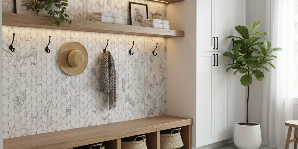 White marble-look tile with subtle gray veining, textured surface for slip resistance, installed on a wall.
