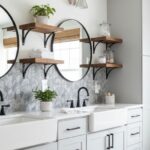 White bathroom with textured geometric gray tiles, black fixtures, and wooden shelves creating a sleek, contemporary look.