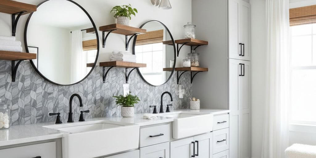 White bathroom with textured geometric gray tiles, black fixtures, and wooden shelves creating a sleek, contemporary look.