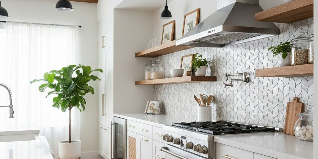 Bright white kitchen featuring textured tile backsplash, wooden open shelves, and stainless steel appliances.