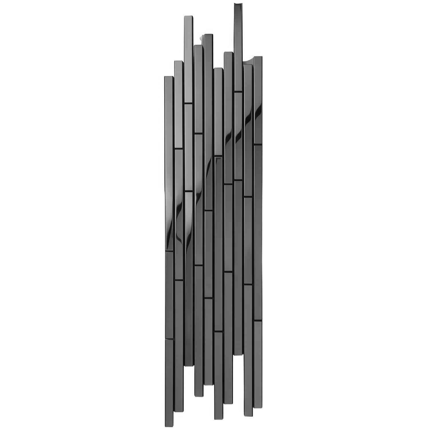 Modern black metal wall art sculpture with vertical elongated bars.