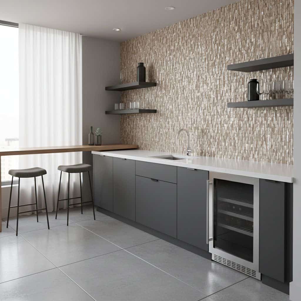 Beige mosaic tiles with textured surface on kitchen wall, paired with sleek gray cabinetry and minimalist black shelves, crea.
