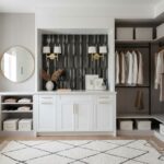 Black and white geometric patterned tile with a matte finish in closet space.