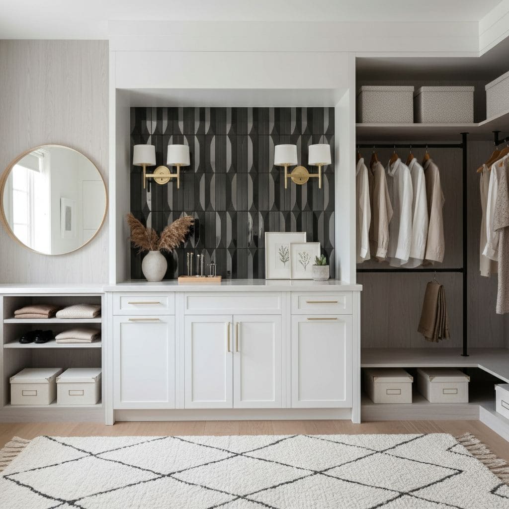 Black and white geometric patterned tile with a matte finish in closet space.